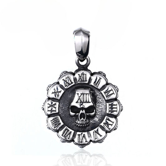 Men's Retro Punk Skull Pendant with Roman Numerals in Titanium Steel - European and American Style Jewelry