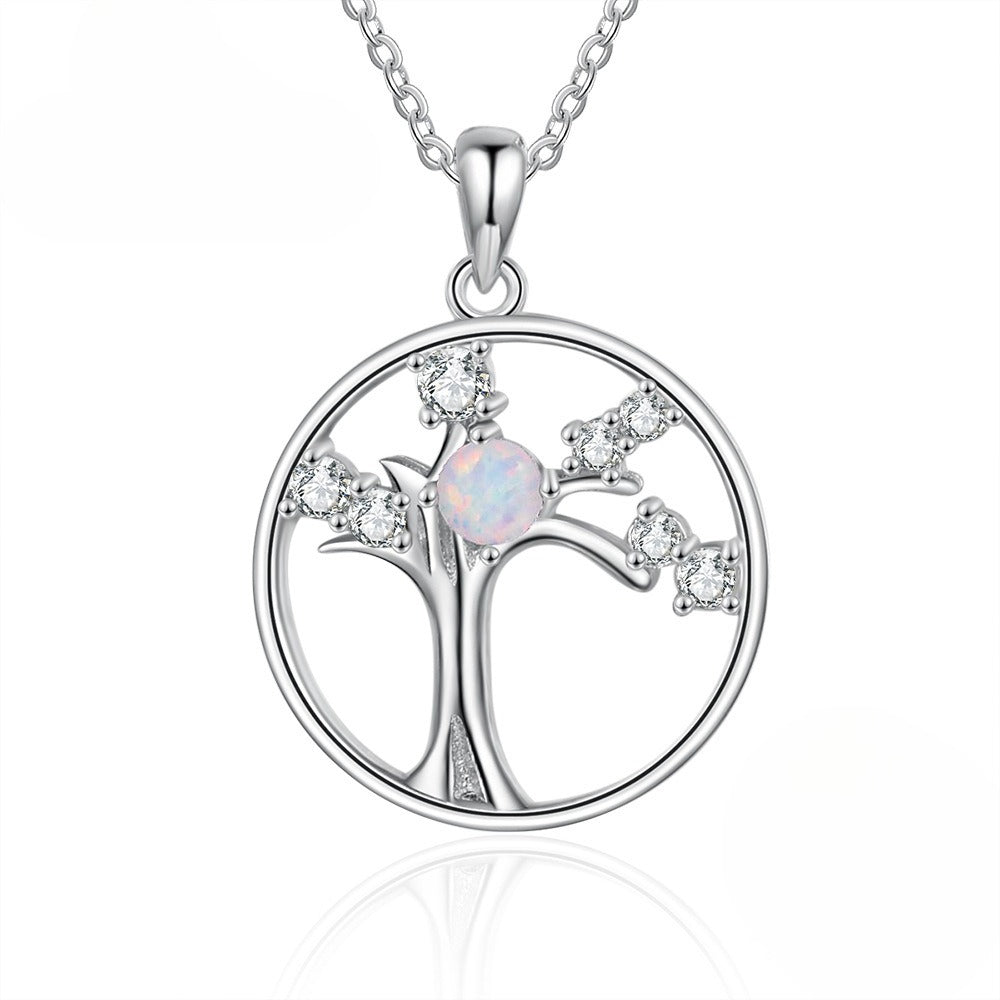 Planderful Jewelry Opal Necklace Zircon Tree Of Life In Sterling Silver S925 Elegant Design