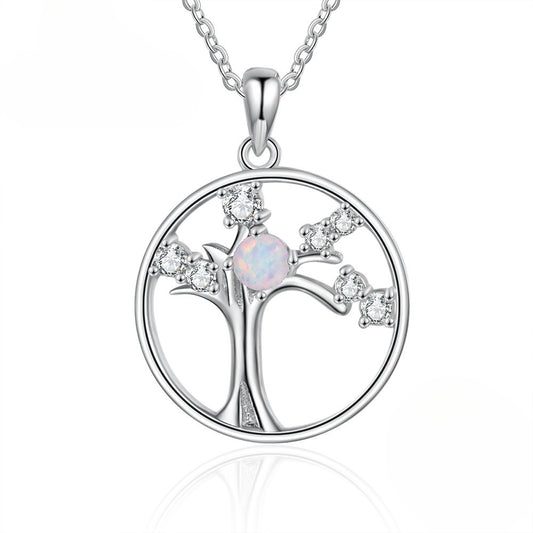 Planderful Jewelry Opal Necklace Zircon Tree Of Life In Sterling Silver S925 Elegant Design