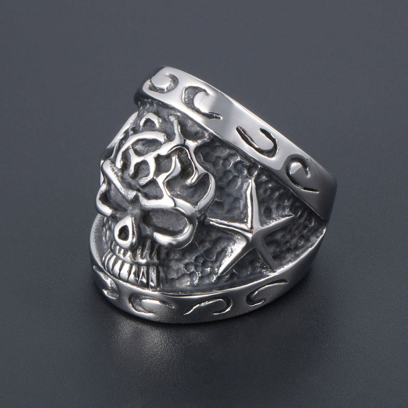 Exaggerated Men's Titanium Steel Ring with Relief Starfish Flower Skull Design in European and American Style