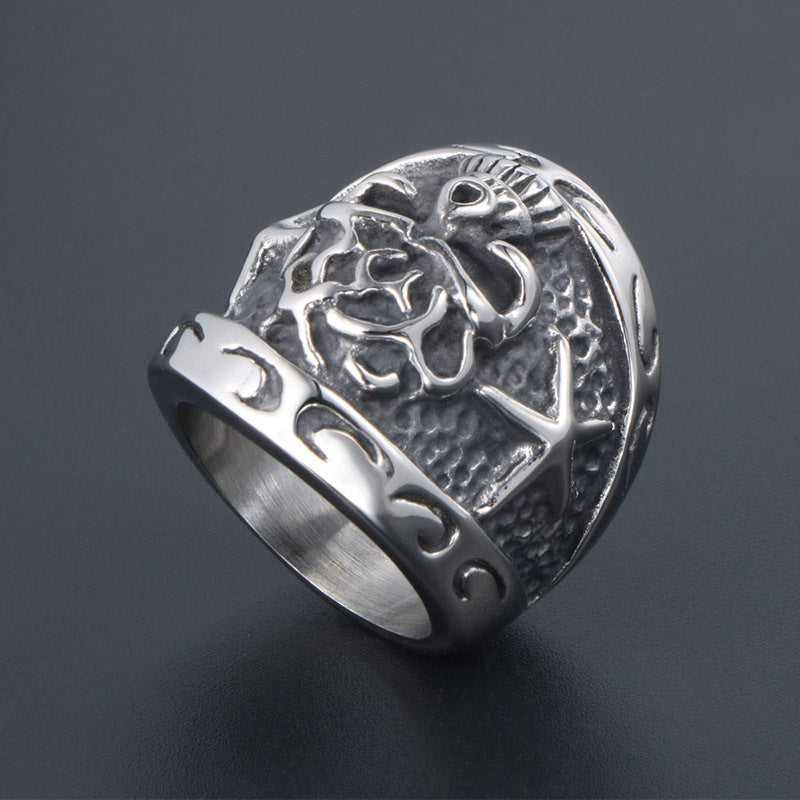 Exaggerated Men's Titanium Steel Ring with Relief Starfish Flower Skull Design in European and American Style