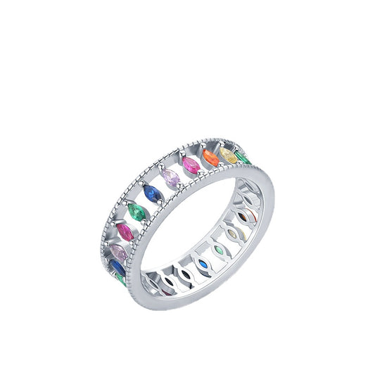 Exquisite Sterling Silver Ring with Rainbow Zircon and Unique Hollow-Out Design
