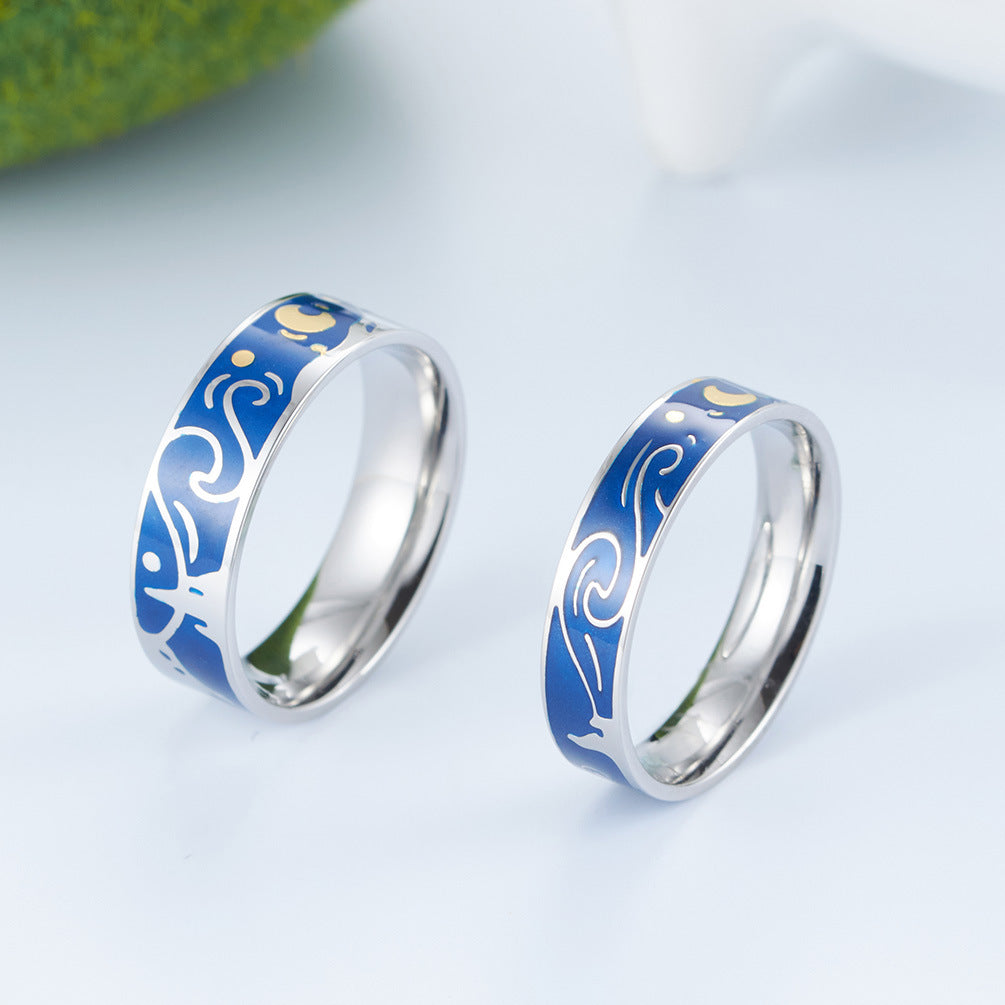 Planderful Van Gogh Starry Night Durable Titanium Steel Ring For Couples Unisex Gift Size 6 To 11