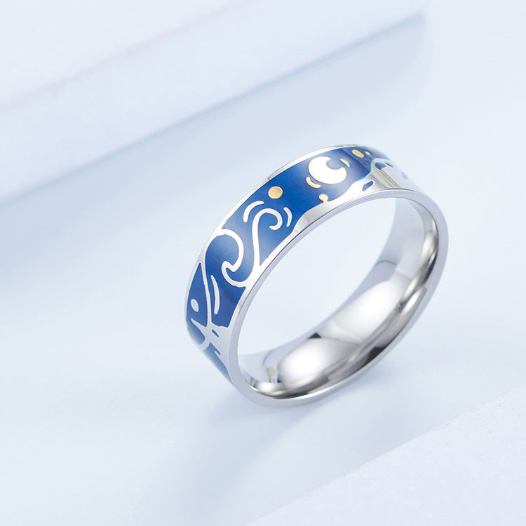 Planderful Van Gogh Starry Night Durable Titanium Steel Ring For Couples Unisex Gift Size 6 To 11