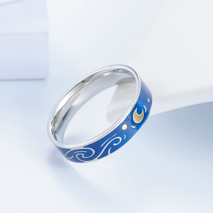 Artistic Romance Couple Ring Van Gogh's Starry Sky Design