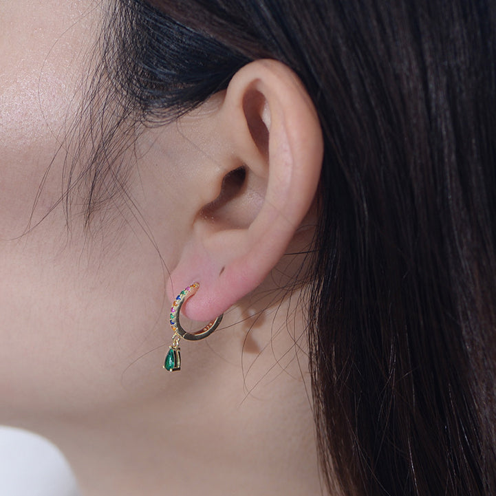 Pear Shape Green Zircon Pendant Rainbow Sterling Silver Hoop Earrings