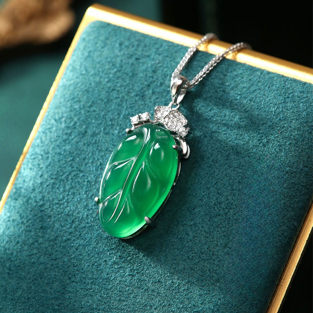 S925 Sterling Silver Natural Chalcedony Leaf Necklace