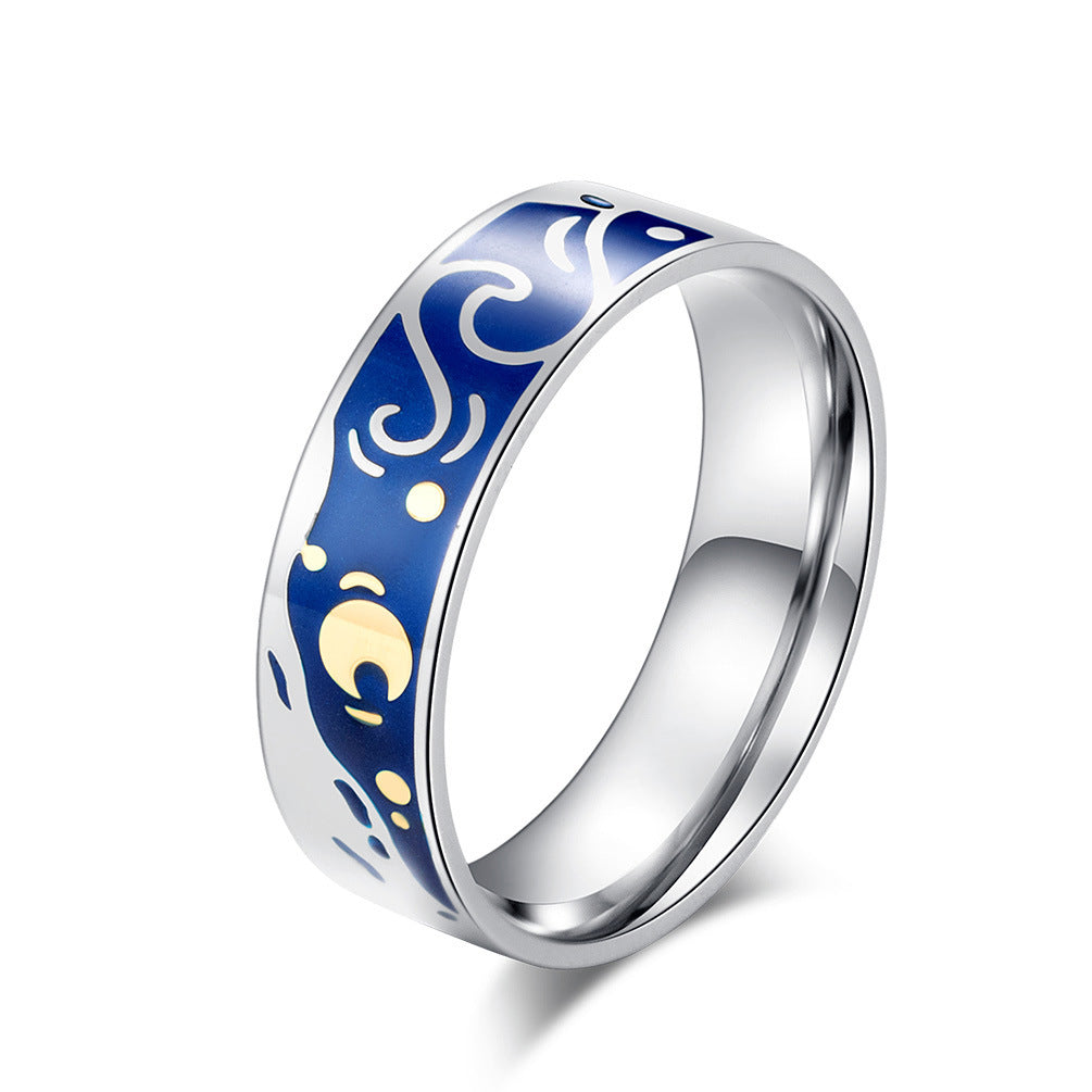 Planderful Van Gogh Starry Night Durable Titanium Steel Ring For Couples Unisex Gift Size 6 To 11