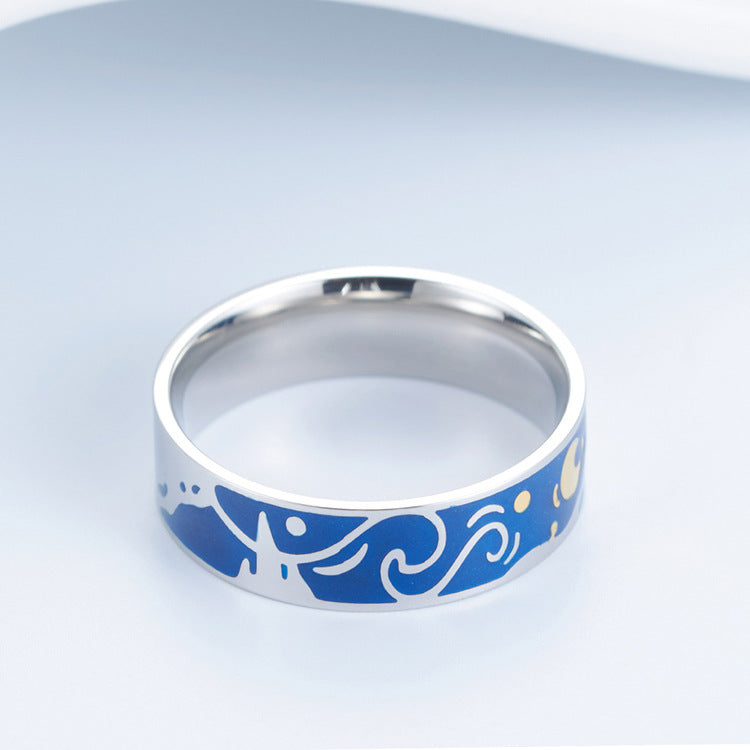 Planderful Van Gogh Starry Night Durable Titanium Steel Ring For Couples Unisex Gift Size 6 To 11