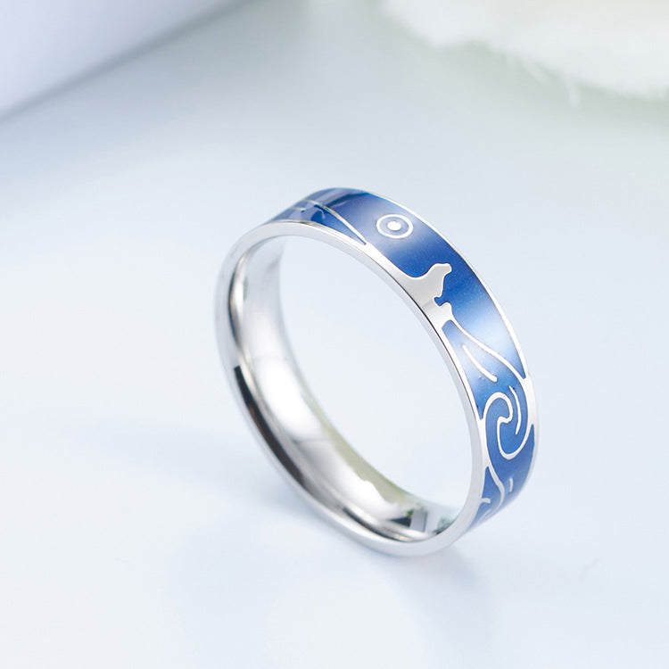 Artistic Romance Couple Ring Van Gogh's Starry Sky Design