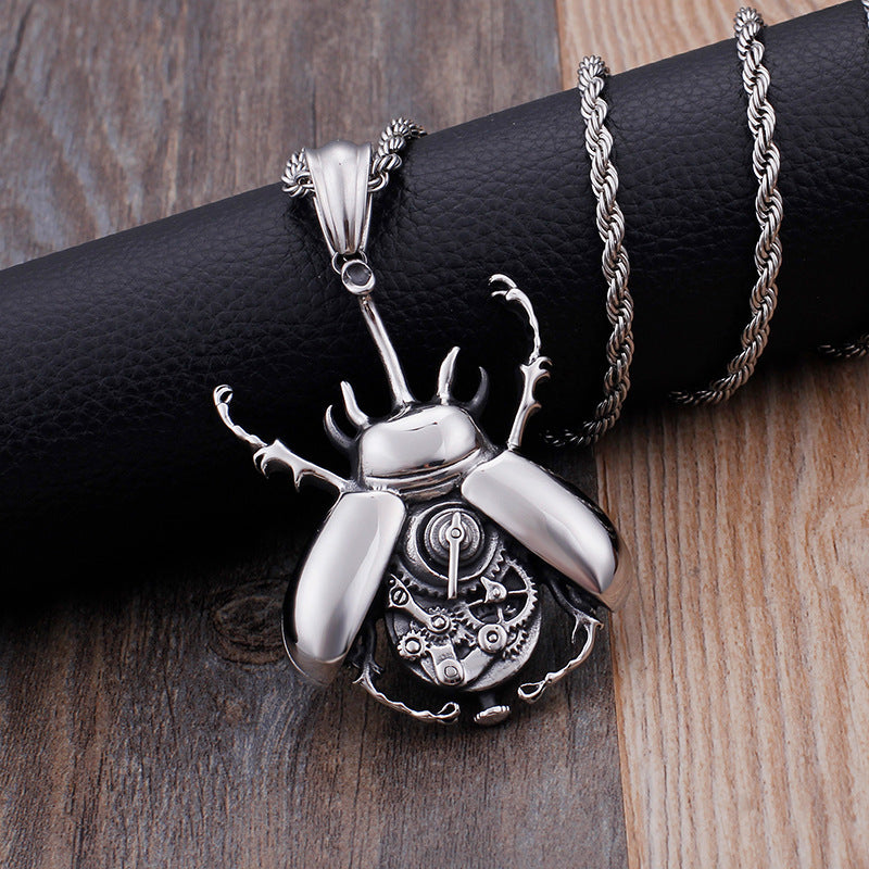 Titanium Steel Mechanical Gear Beetle Pendant for Men - European and American Stainless Steel Design