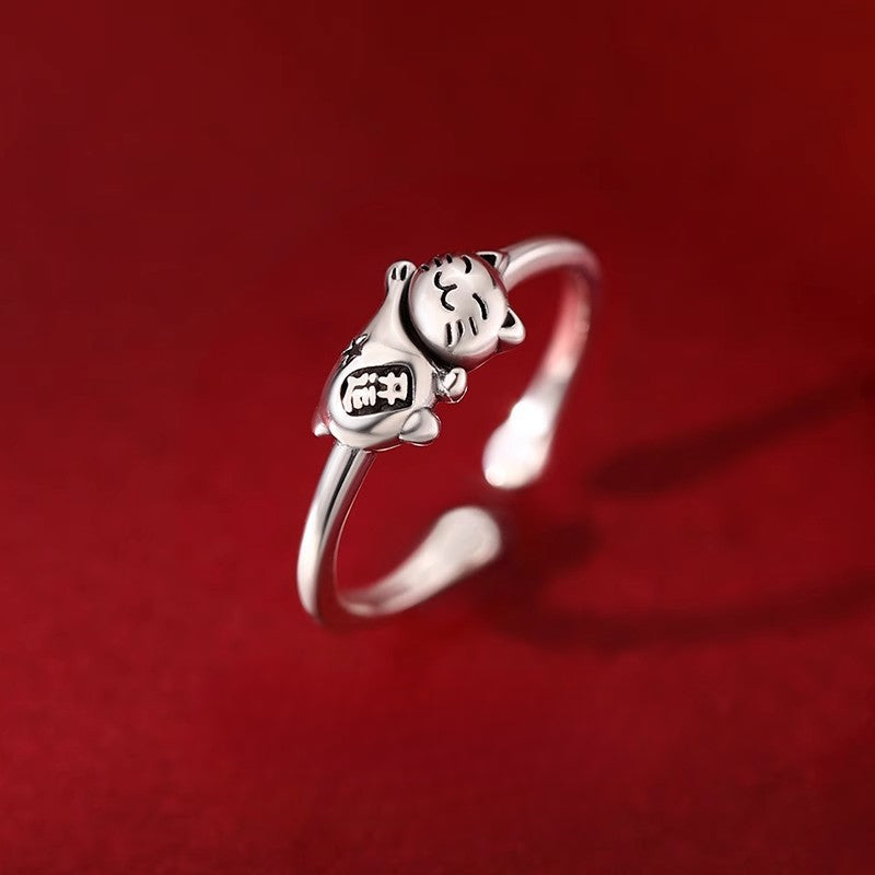 New 925 Sterling Silver Lucky Cat Ring Female Niche Design