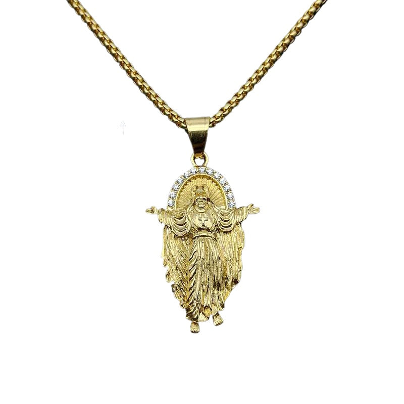 Planderful Stainless Steel Gold Plated Jesus Pendant Necklace with Zircon Elegant Christian Jewelry for Believers