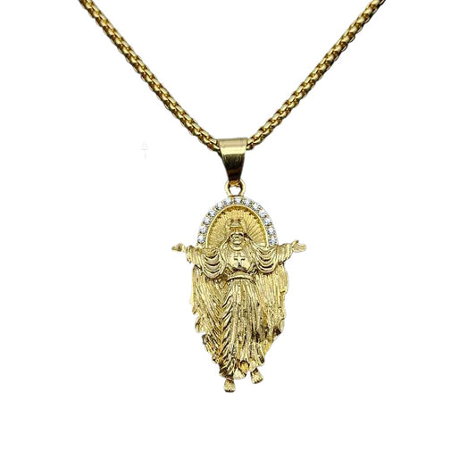 Planderful Stainless Steel Gold Plated Jesus Pendant Necklace with Zircon Elegant Christian Jewelry for Believers