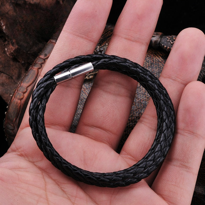 Version Of – Stainless Steel Spiral Buckle Leather Necklace – Men's Cowhide Rope
