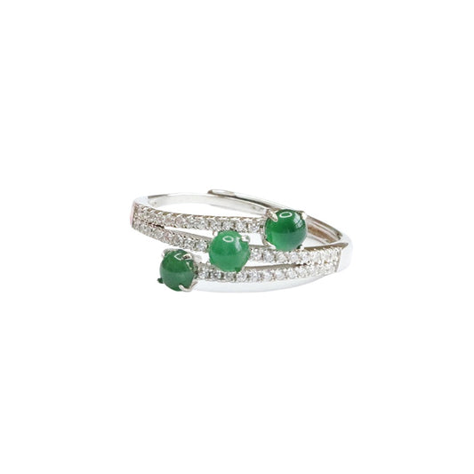 Icy Green Jadeite Triple-Life 925 Silver Ring