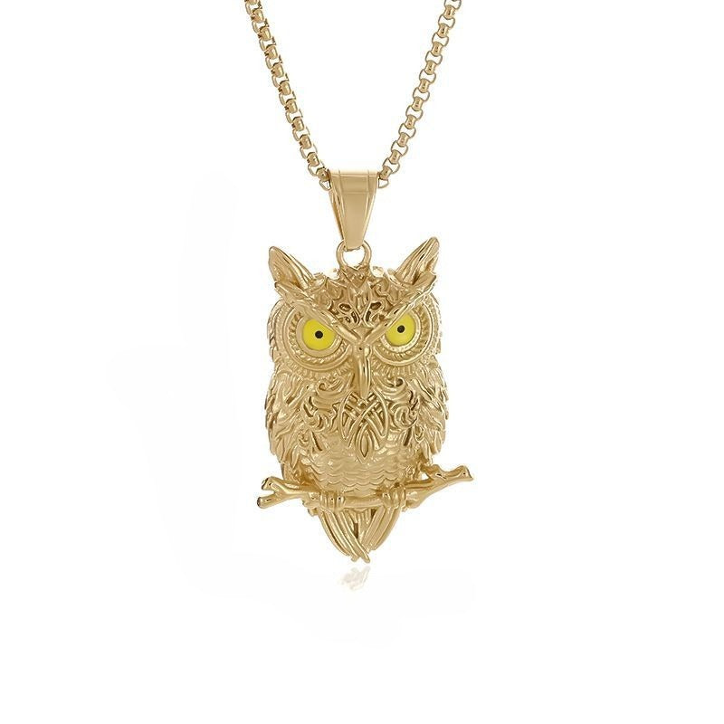 Planderful Everyday Genie Hiphop Owl Pendant Necklace for Men Stainless Steel Gold Plated Jewelry