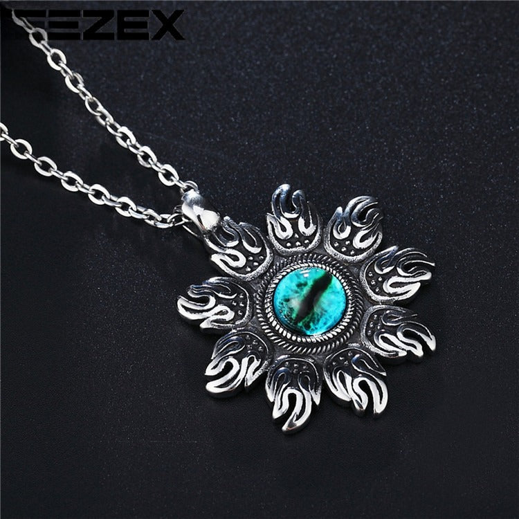Planderful Devil Eye Pendant Titanium Steel Necklace For Men Unisex Tibetan Lotus Protection Retro Style
