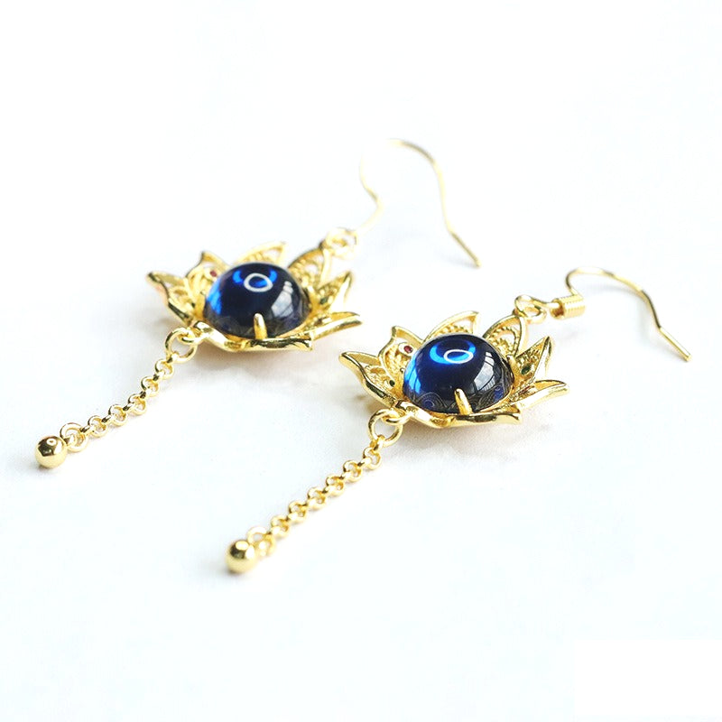 Lab-Grown Blue Spinel Sunflower Tassel Earrings