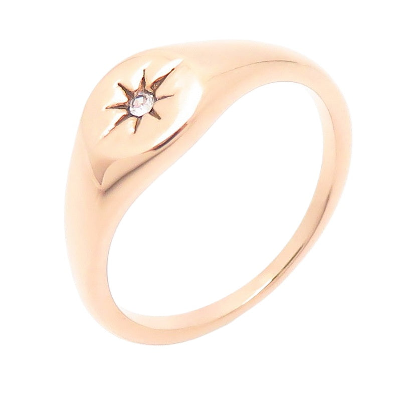 Minimalist Stylish Oval Glossy Zircon Octagram Ring Women's Stainless Steel 18k Gold-Plated Ring