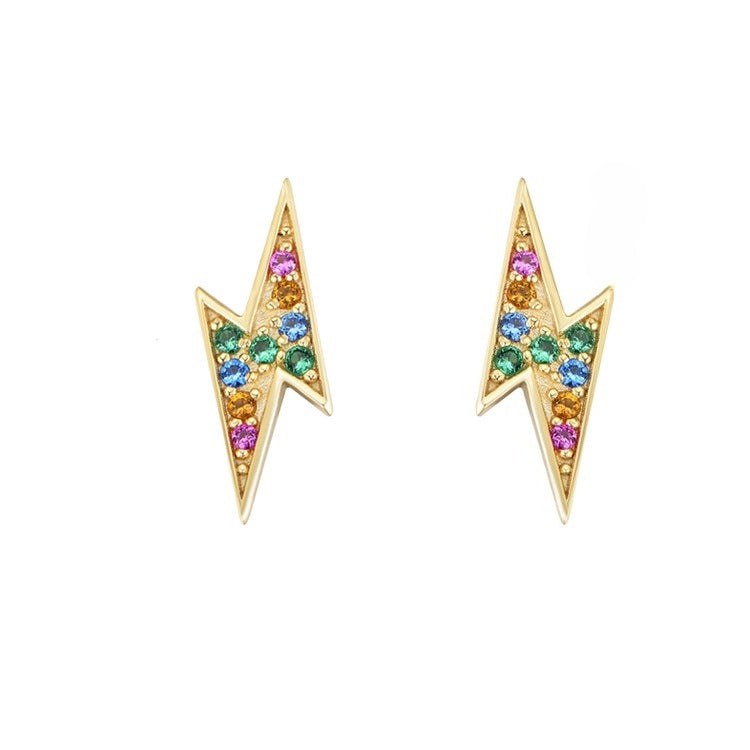 S925 Sterling Silver Micro-Inlaid Colored Zircon Stud Earrings Korean Version Geometric Lightning Earrings