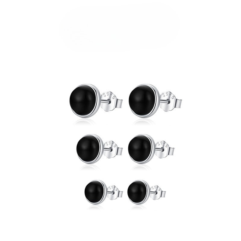 925 Sterling Silver Black Black Agate Stud Earrings