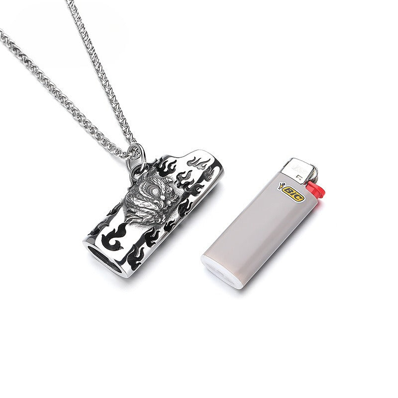 Steel Necklace – Statement Tiger and Lion Pattern Lighter Pendant For Men By Planderful Jewelry