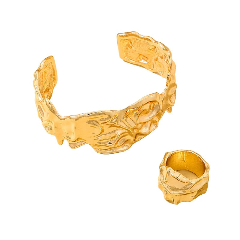 Retro Metal Lava Bracelet Ring Set for Fashionable Women