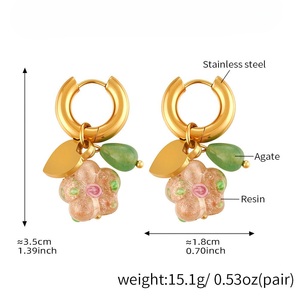 Planderful Stainless Steel Resin Flower Agate Earrings Women
