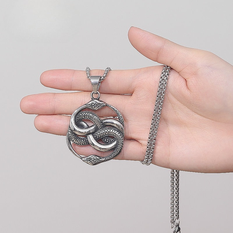 Steel Necklace - Vintage Double Snake Pendant For Men