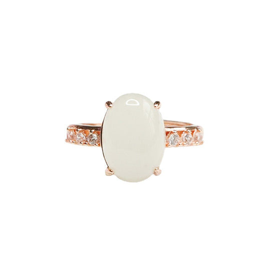 Elegant Natural Hotan Jade Ring with Zircon Gems