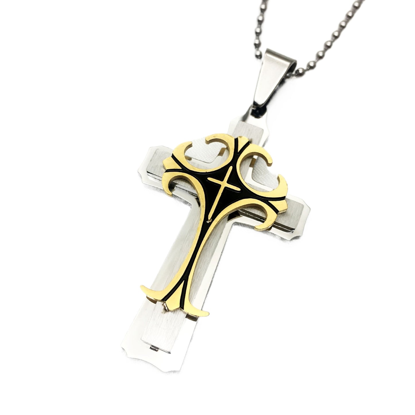 Planderful Titanium Steel Long Necklace With Bold Three Layer Cross Pendant For Men Gift For Him