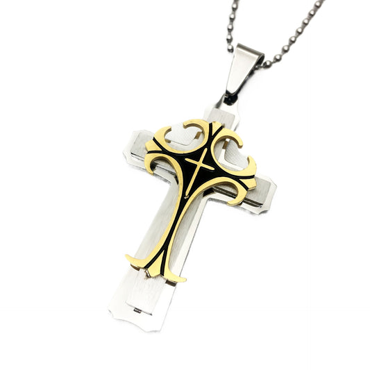 Planderful Titanium Steel Long Necklace With Bold Three Layer Cross Pendant For Men Gift For Him