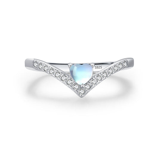 S925 Sterling Silver Heart Shaped Moonlight Stone Arrow Ring for Women's Korean Edition