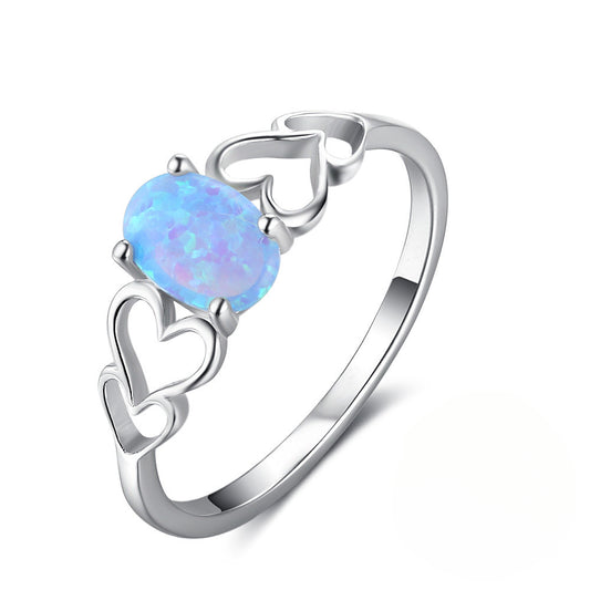 Oval Opal Hollow Heart Shape Sterling Silver Ring