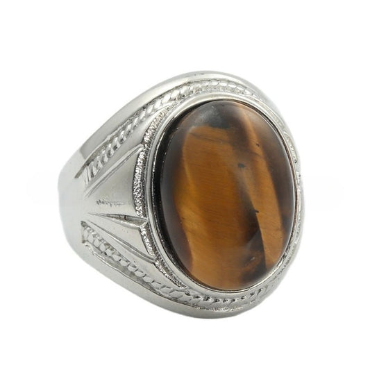Planderful Everyday Genie Titanium Steel Brown Gemstone Ring For Men Unisex Retro Protection Statement Jewelry