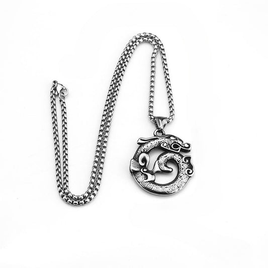 Planderful Dragon Pendant Necklace For Men Titanium Steel Ethnic Retro Style Bold Statement Jewelry