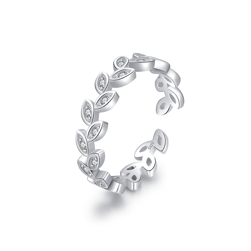 Exquisite Sterling Silver Leaf Open Ring with Zircon Inlay