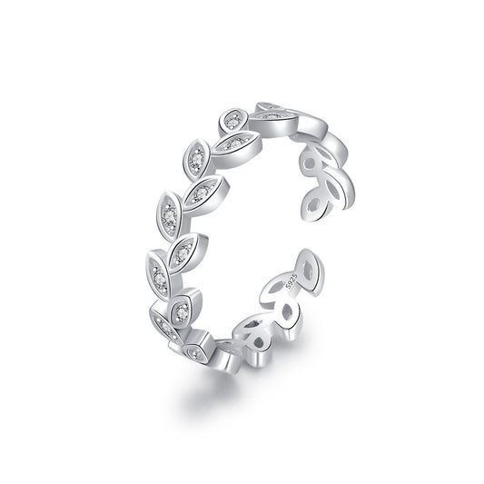 Exquisite Sterling Silver Leaf Open Ring with Zircon Inlay