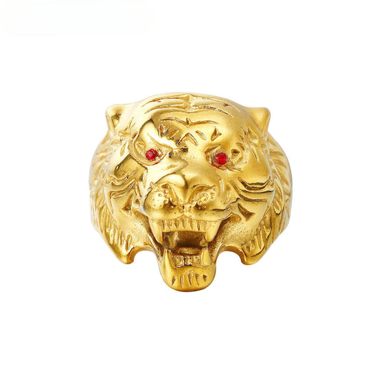 Punk Red Eye Zircon Golden Tiger Head Titanium Steel Ring for Men