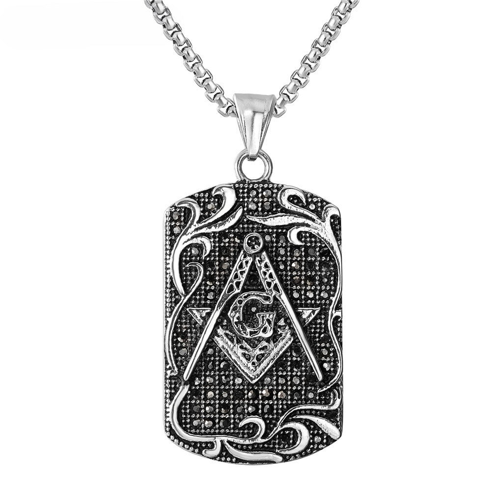 Planderful Masonic Pendant Personalized Retro Zircon Titanium Steel Tag Necklace Unisex Gift