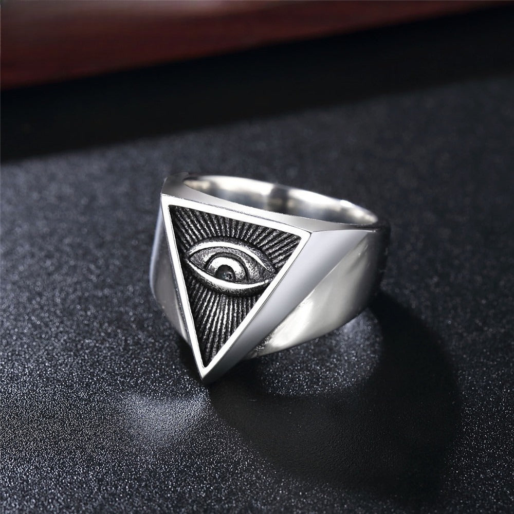 Masonic Triangular Eye Ring Unisex Steel Planderful Everyday Genie Collection Bold Vintage Statement