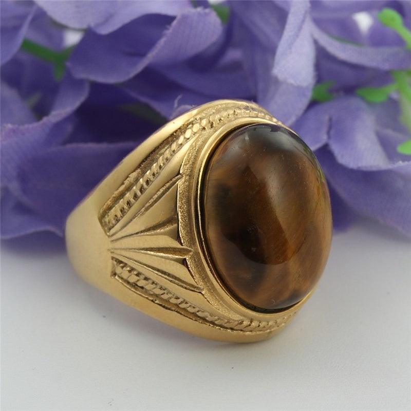Planderful Everyday Genie Titanium Steel Brown Gemstone Ring For Men Unisex Retro Protection Statement Jewelry