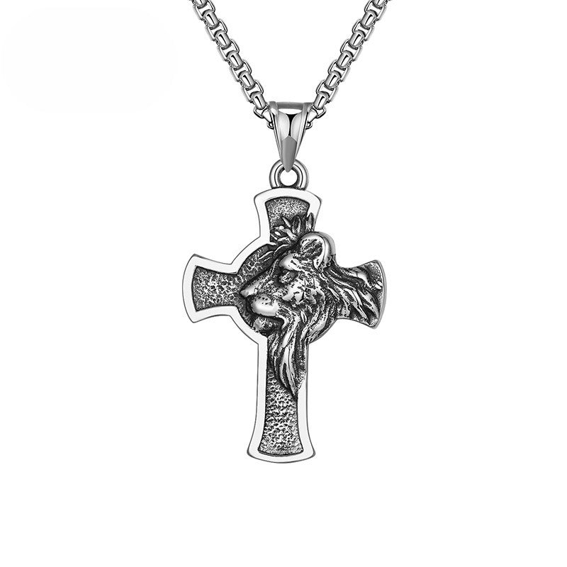 Steel Necklace Pendant – Vintage Lion Head Cross Design For Men And Women By Planderful