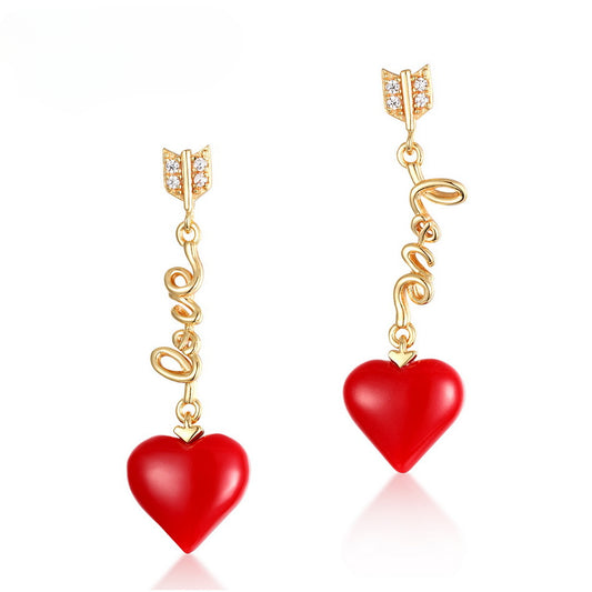 Red Heart Pendant LOVE Tassel Zircon Sterling Silver Drop Earrings
