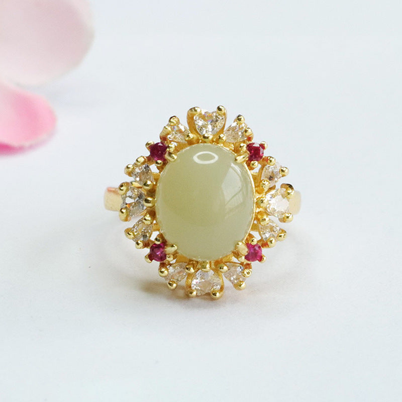 Heart-Shaped Zircon and Oval Hotan Jade Sterling Silver Ring