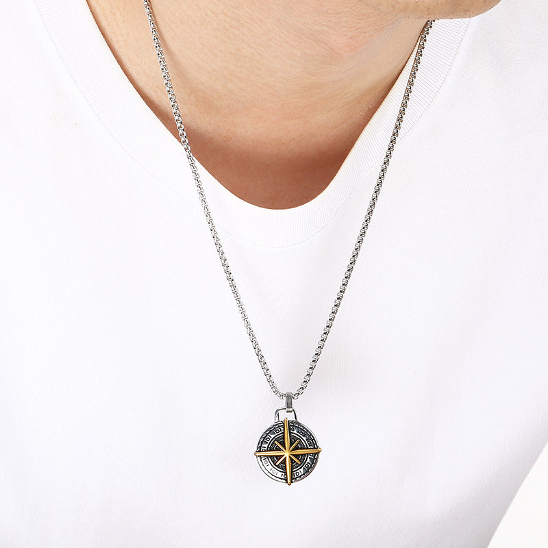 Compass Round, Punk Style Retro Coin Compass Stainless Steel Men's Pendant Necklace