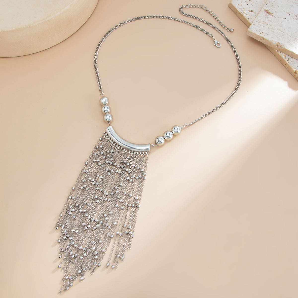 Round Bead Waterfall Fringe Necklace