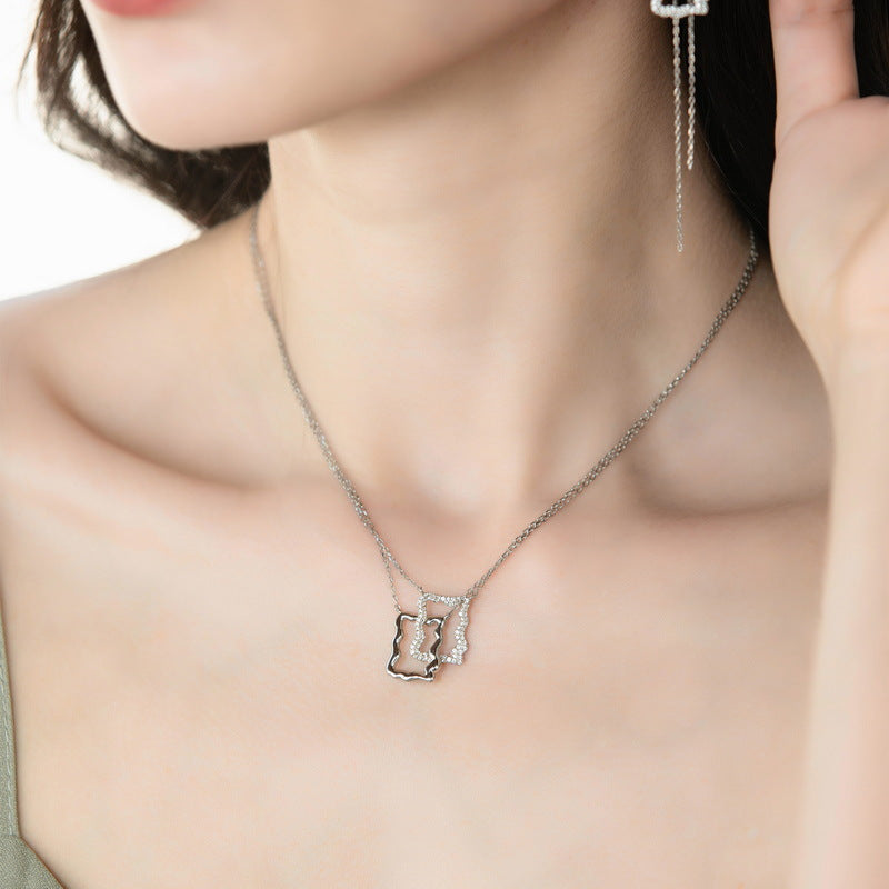 Double Hollow Wavy Rectangle Pendant Zircon Sterling Silver Necklace