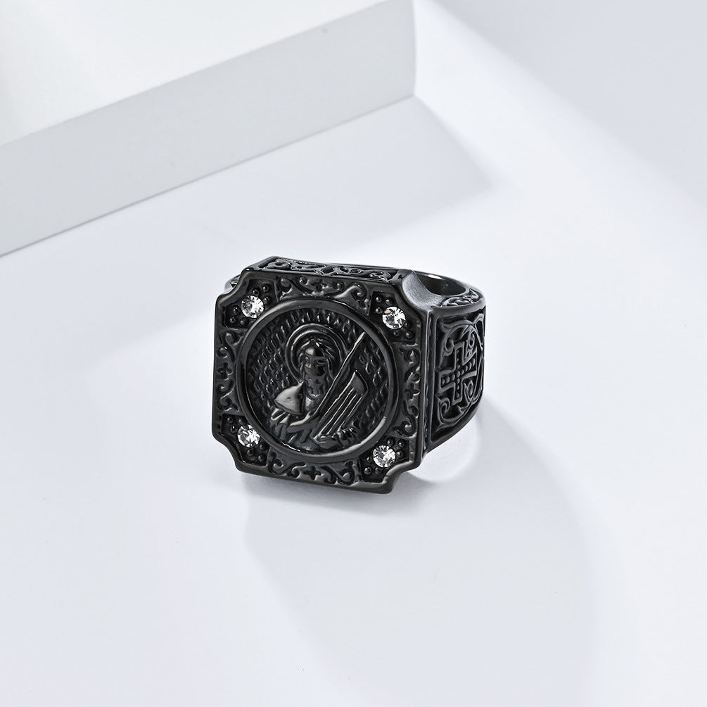 Planderful Cross Portrait Ring For Men Bold Steel Hip Hop Punk Style Durable Everyday Jewelry